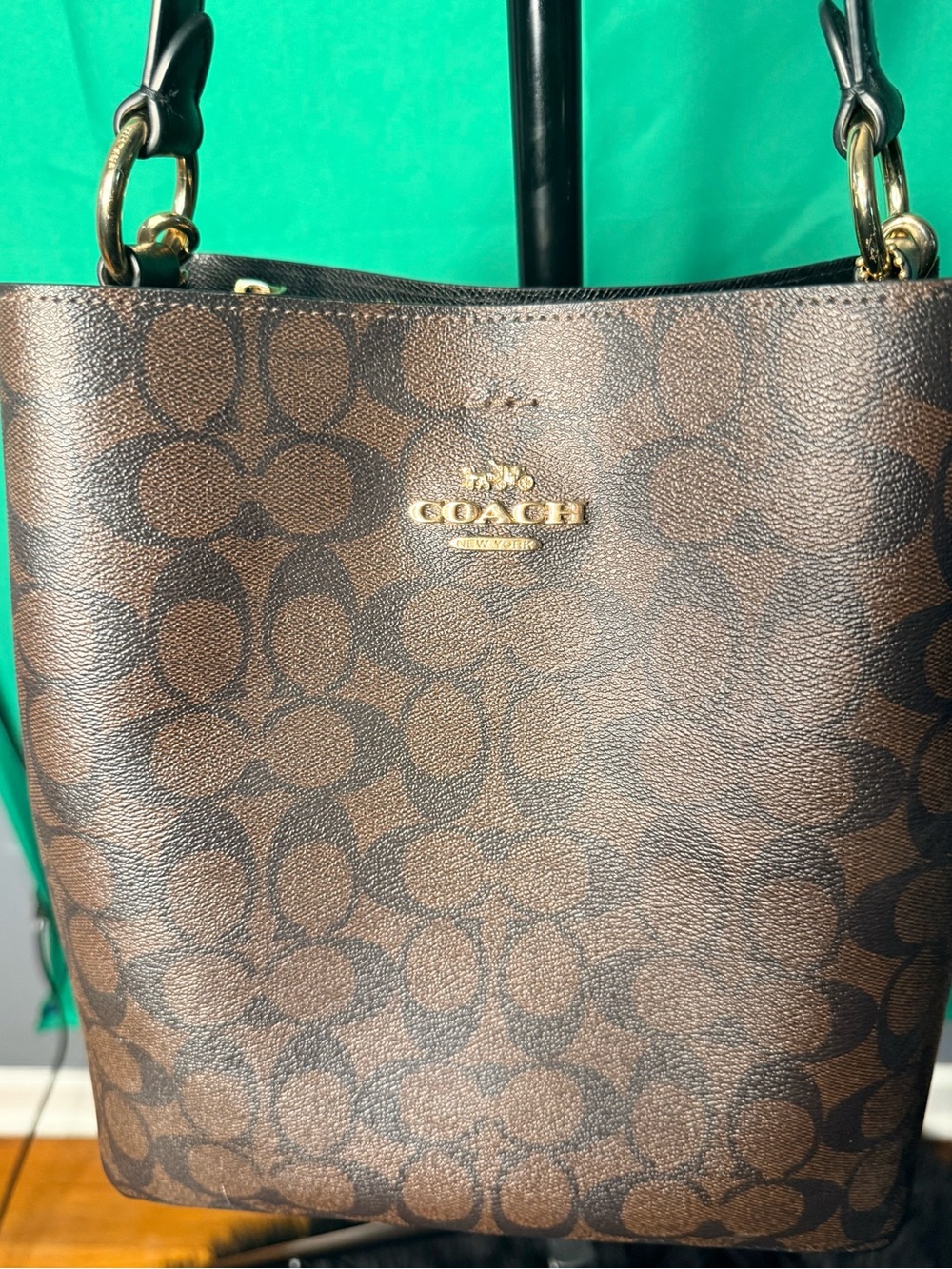Coach Brown Signature Canvas Shoulder Bag with Black Handles